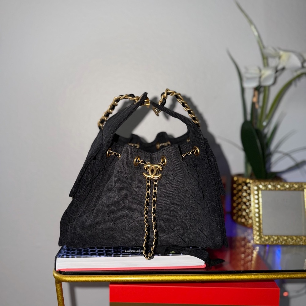 CC 25 Black Denim Bucket Bag Handbag with chain strap